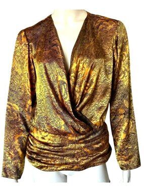 Nilani Vintage Top Yellow Black Satin with ruched waist band, Long Sleeve Medium